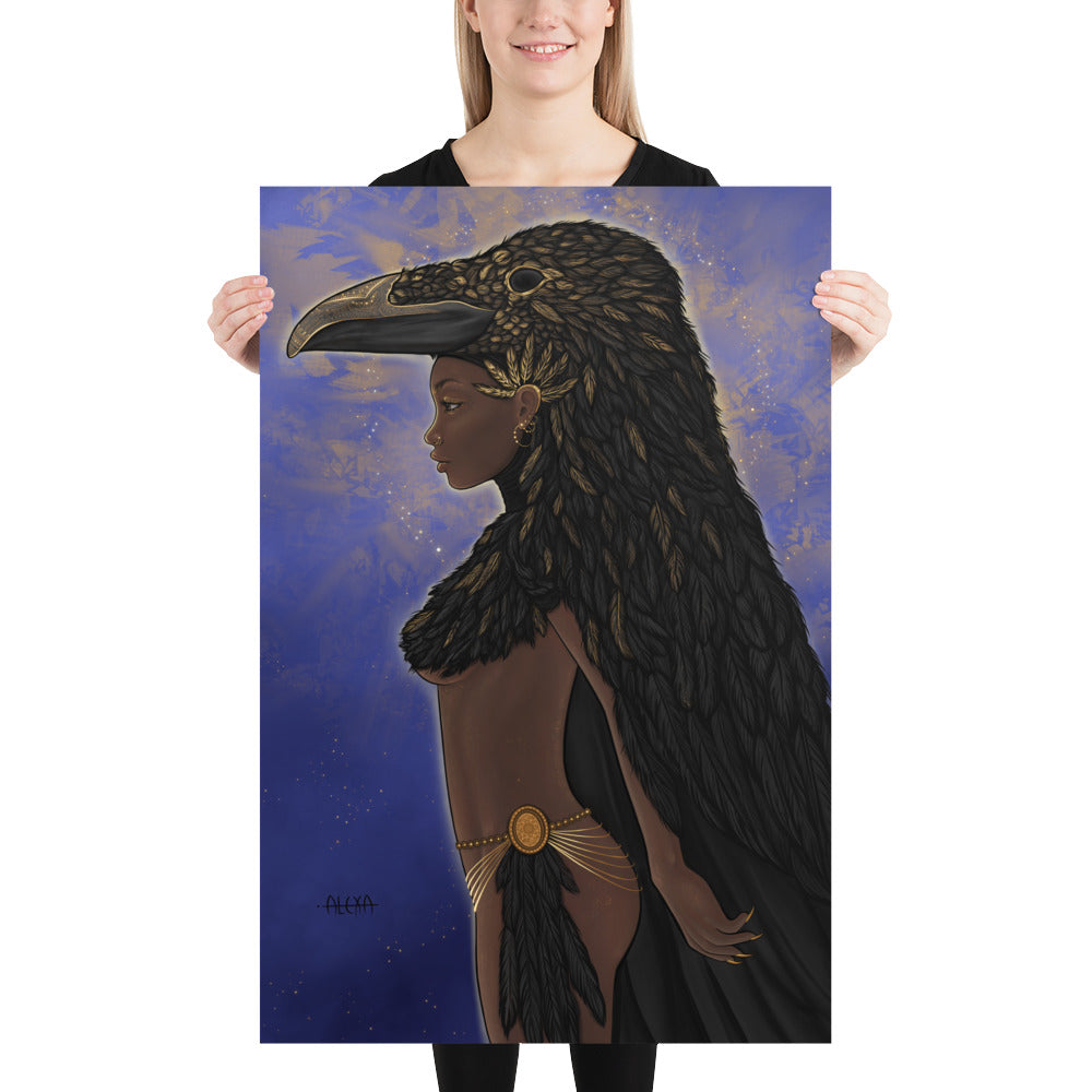 A dark skinned goddess with a huge Raven Headdress adorned in gold jewelry stands against a purple and golden sky, matte poster various sizes available, by Alexa Porteous.