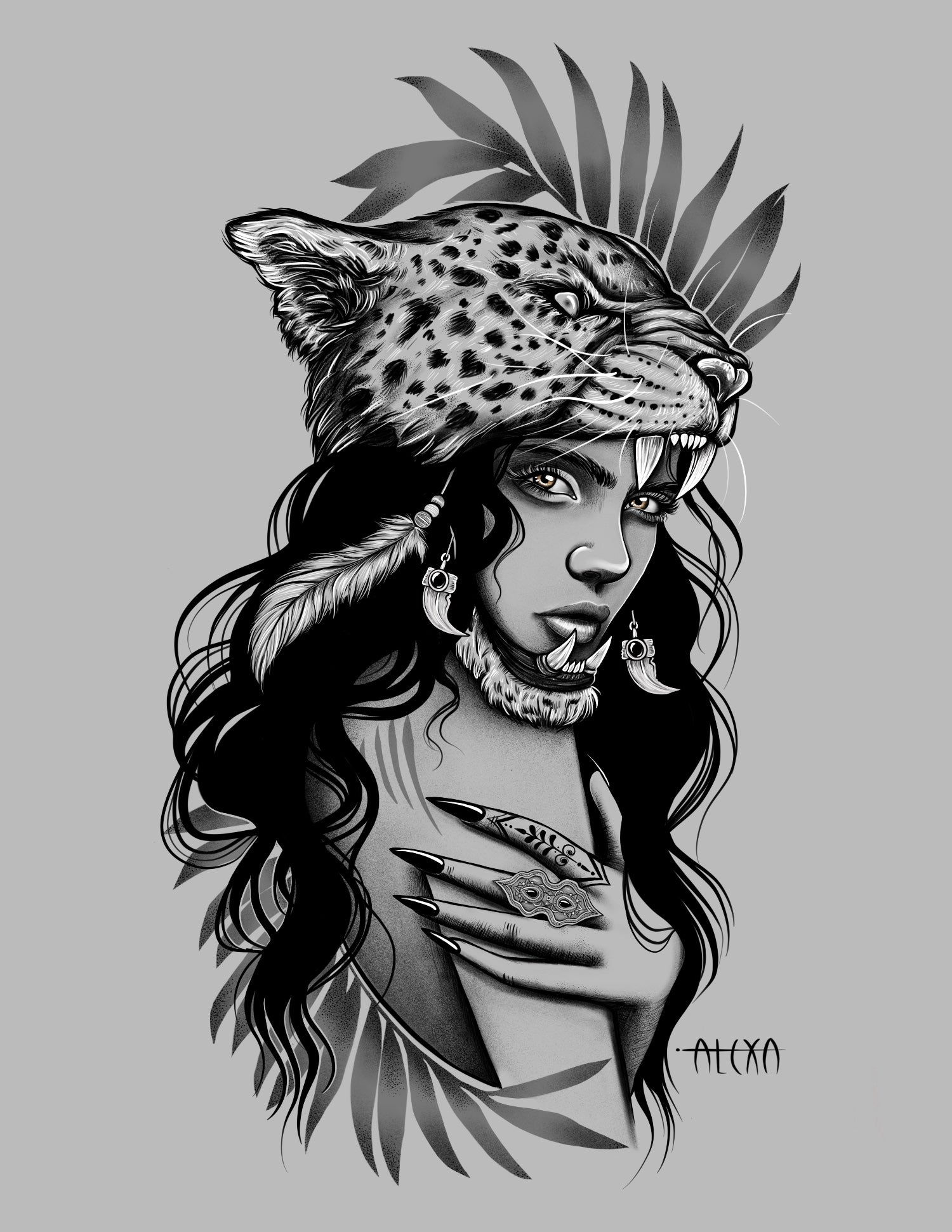 Digital illustration of a woman with a Jaguar Head dress, black and grey, tribal, fierce, matte poster, various sizes by Alexa Porteous.