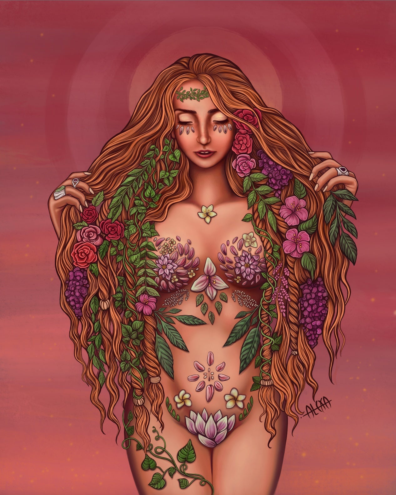 Digital illustration of a pregnant woman, mother, with flowers on her body and a red sunset behind her, matte poster, various sizes available, by Alexa Porteous.