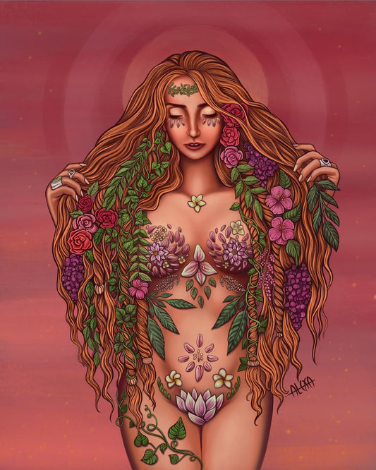 Digital illustration of a pregnant woman, mother, with flowers on her body and a red sunset behind her, matte poster, various sizes available, by Alexa Porteous.