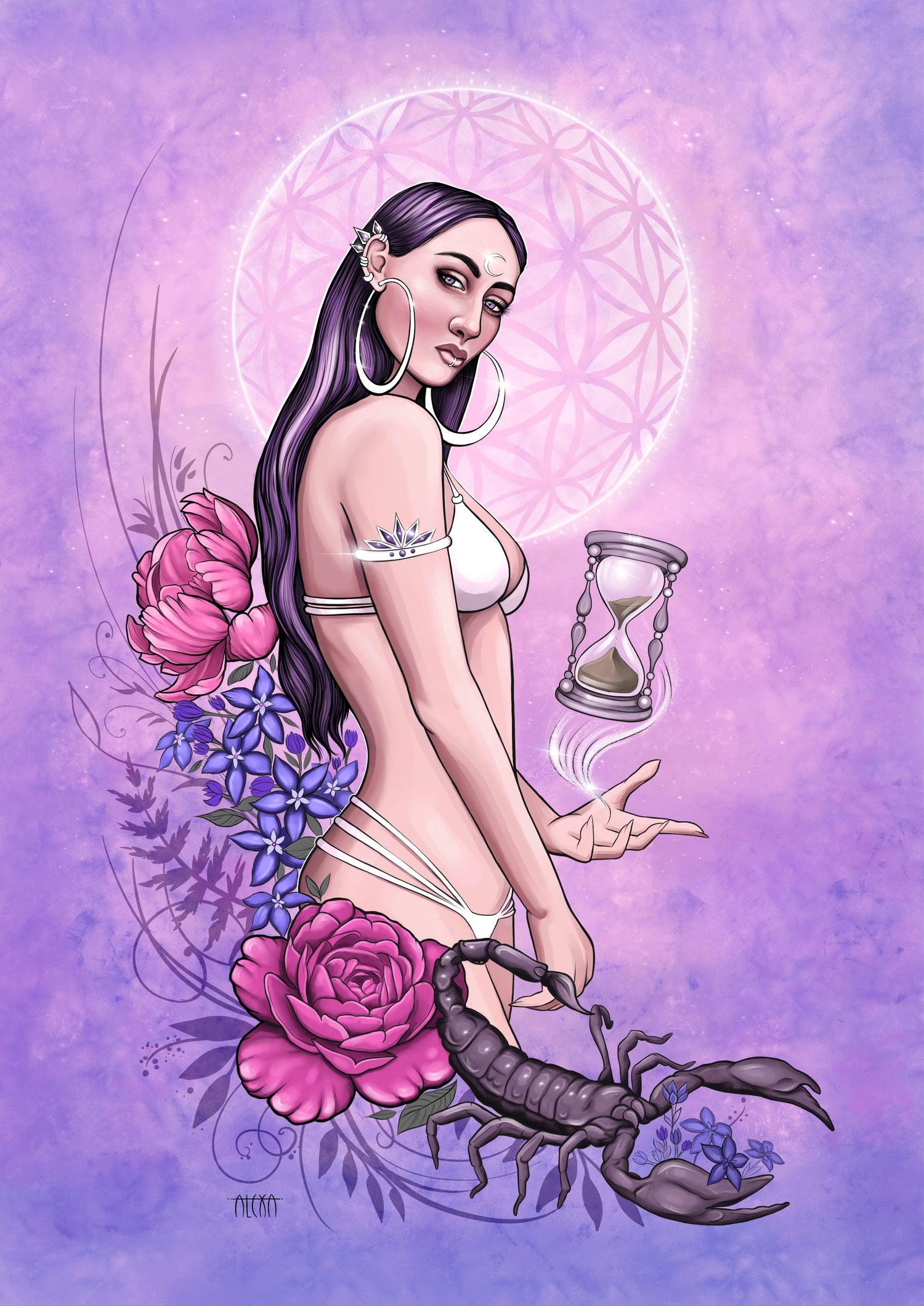 A goddess stands with a hour glass floating in her palm, a ethereal garden and a purple scorpion surround her and a flower of life full moon behind her on a pink and purple sunset, matte poster various sizes available, by Alexa Porteous.