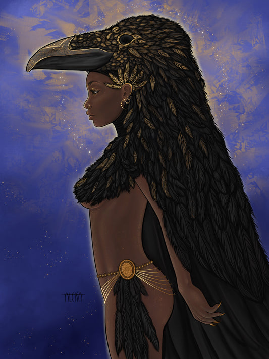 A dark skinned goddess with a huge Raven Headdress adorned in gold jewelry stands against a purple and golden sky, matte poster various sizes available, by Alexa Porteous. 