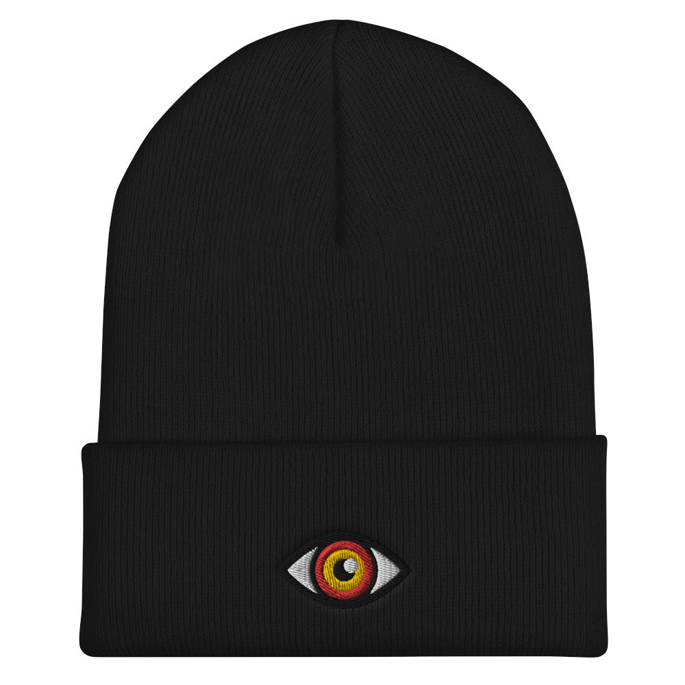 Third Eye Toque, Red Eye on black beanie, third eye embroidered on front cuff, designed by Alexa Porteous, various colors available.