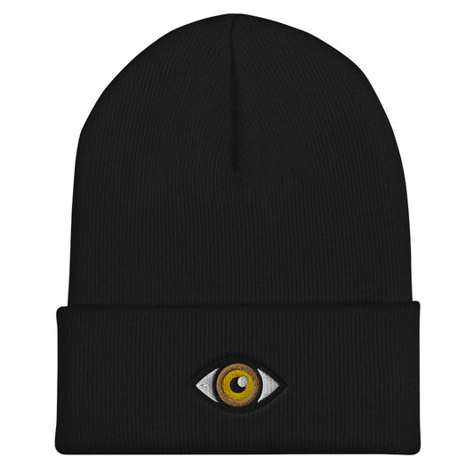 Third Eye Toque, Yellow Eye on black beanie, third eye embroidered on front cuff, designed by Alexa Porteous, various colors available.