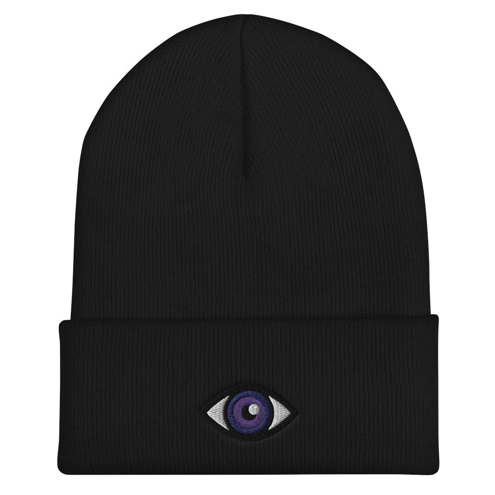 Third Eye Toque, Purple Eye on black beanie, third eye embroidered on front cuff, designed by Alexa Porteous, various colors available.