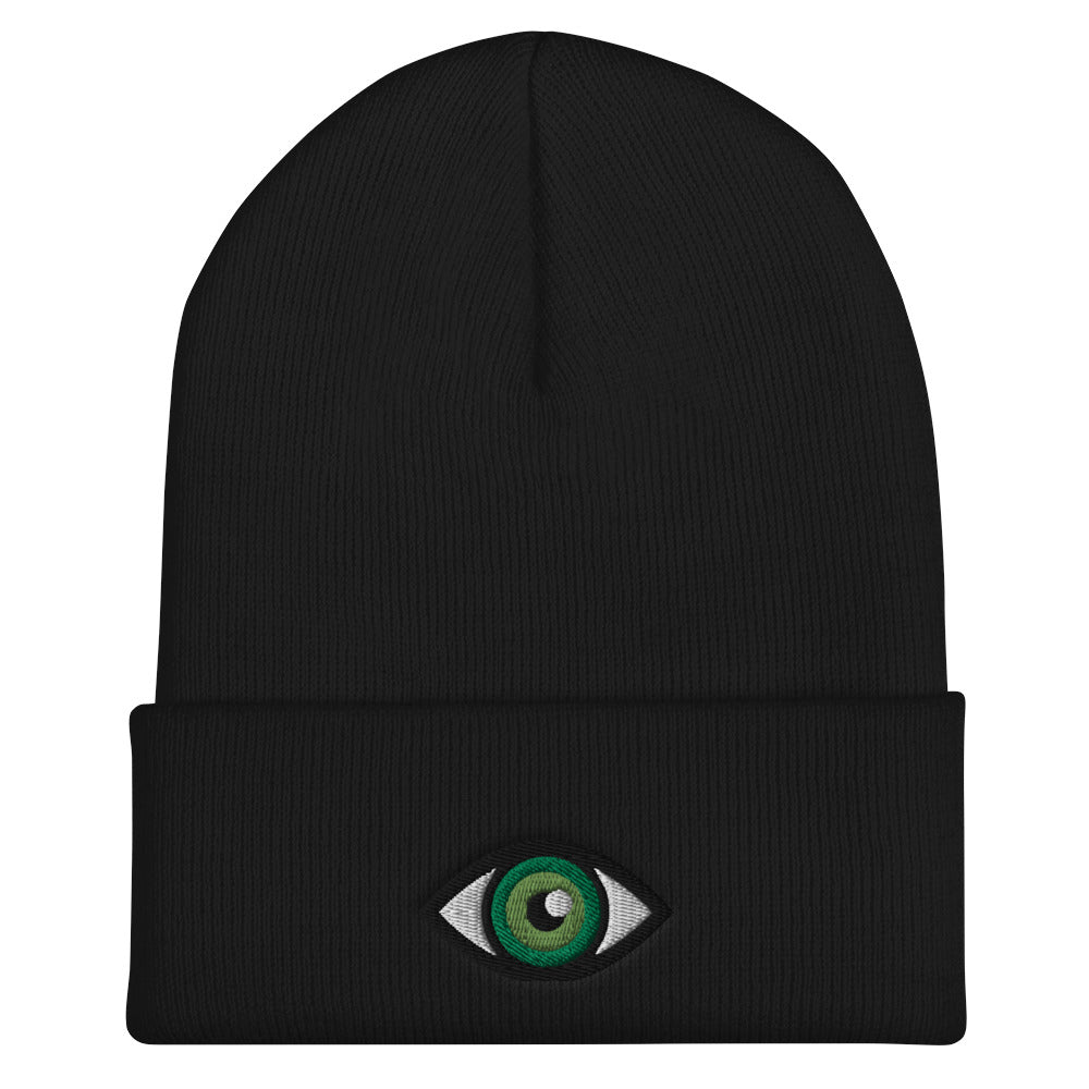 Third Eye Toque, Green Eye on black beanie, third eye embroidered on front cuff, designed by Alexa Porteous, various colors available.