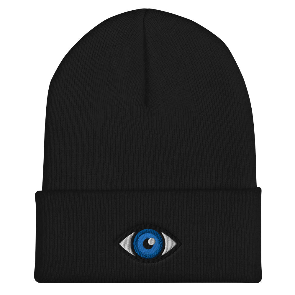 Third Eye Toque, Blue Eye on black beanie, third eye embroidered on front cuff, designed by Alexa Porteous, various colors available. 