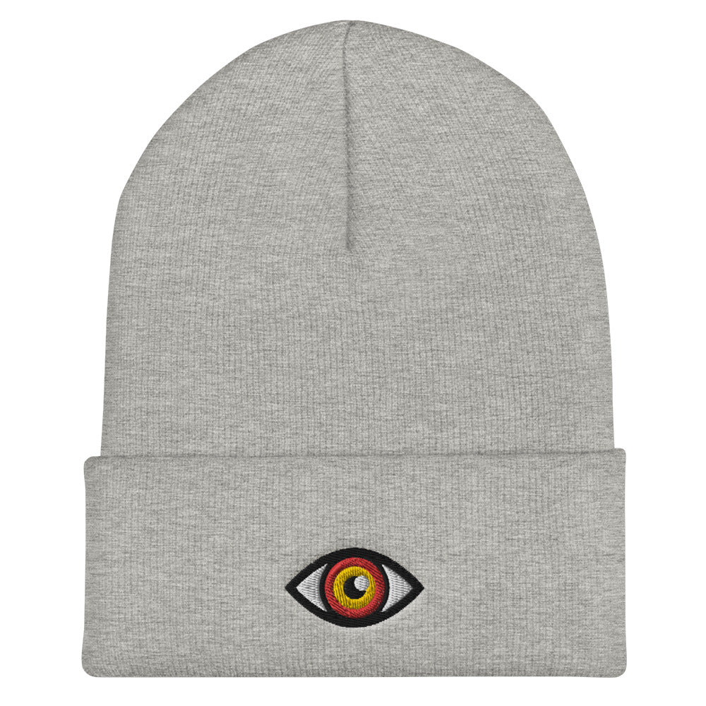 Third Eye Toque, Red Eye on light grey beanie, third eye embroidered on front cuff, designed by Alexa Porteous, various colors available.