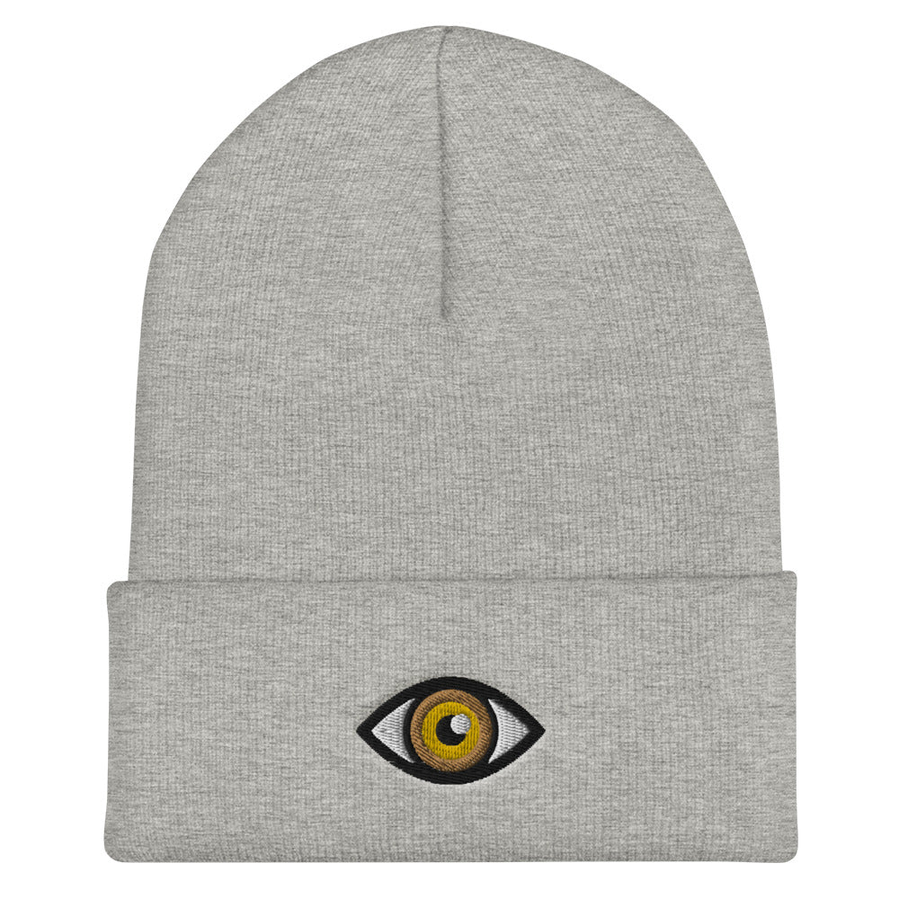 Third Eye Toque, Yellow  Eye on light grey beanie, third eye embroidered on front cuff, designed by Alexa Porteous, various colors available.