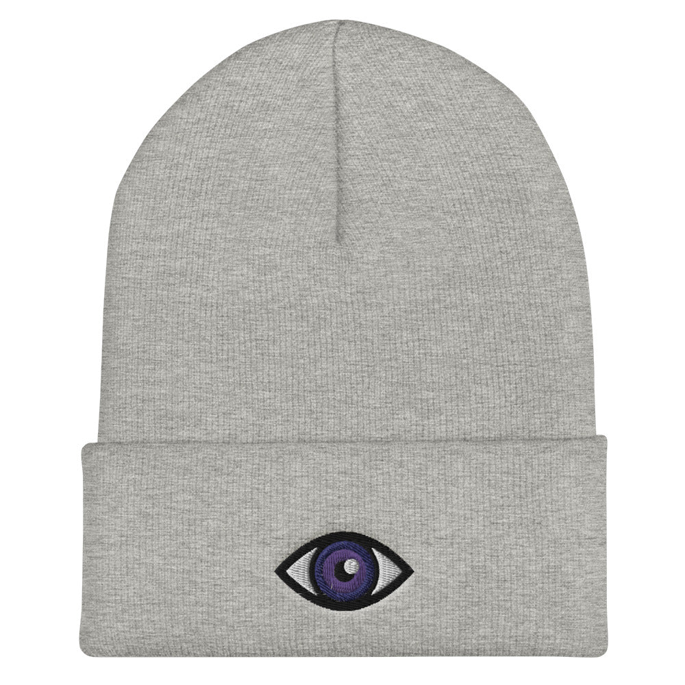 Third Eye Toque, Purple Eye on light grey beanie, third eye embroidered on front cuff, designed by Alexa Porteous, various colors available.