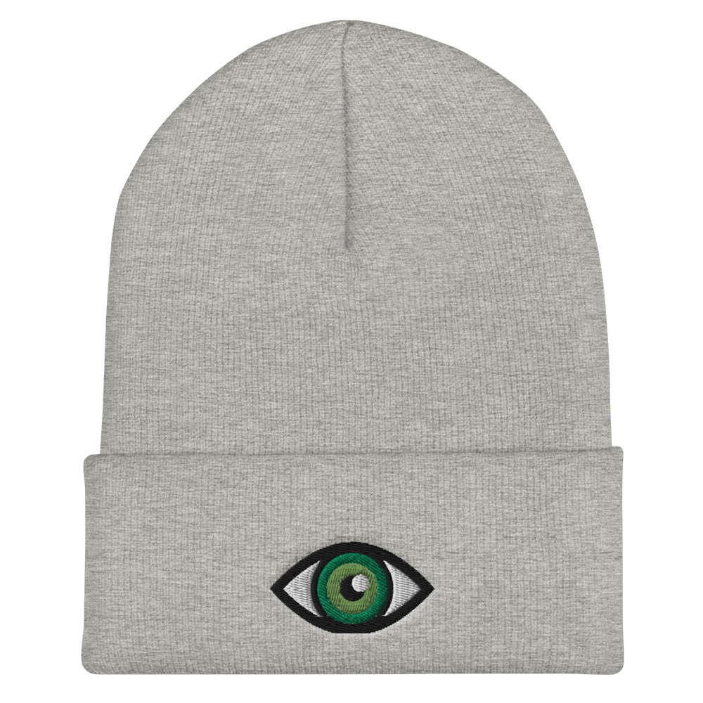 Third Eye Toque, Green Eye on light grey beanie, third eye embroidered on front cuff, designed by Alexa Porteous, various colors available.