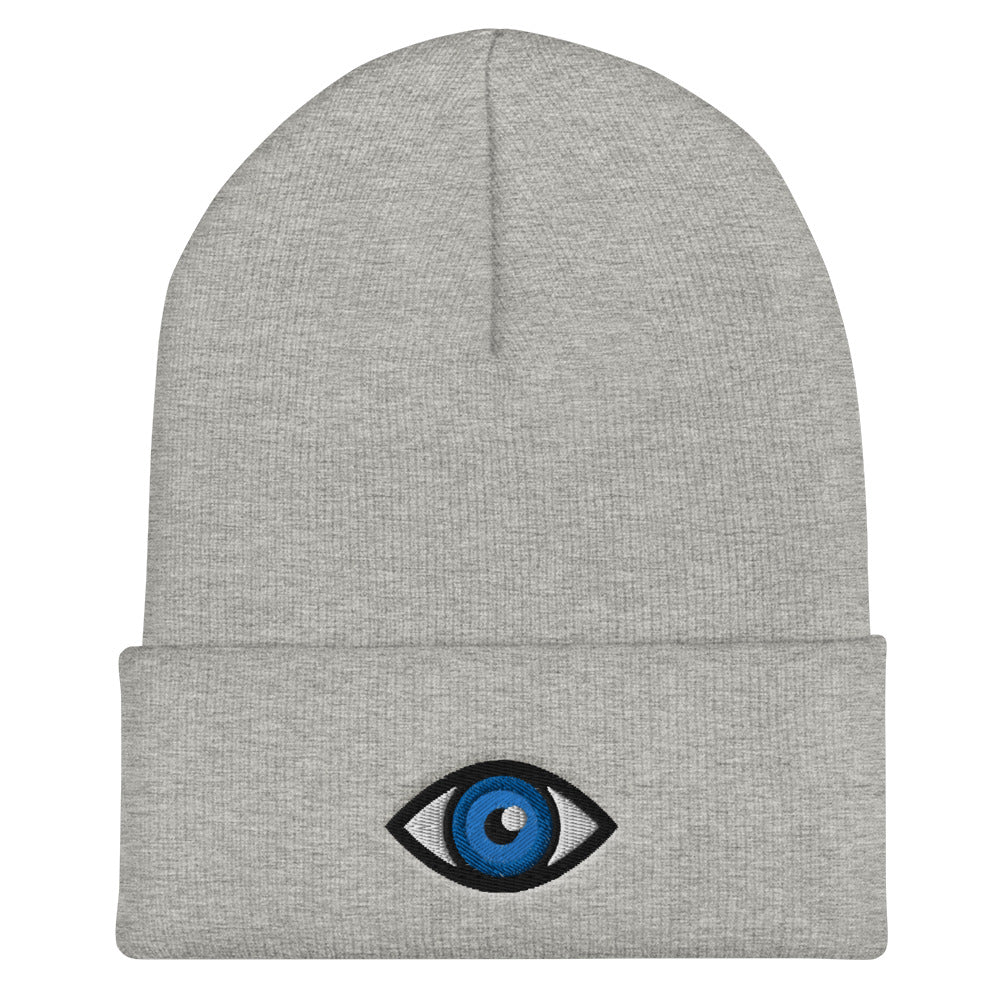 Third Eye Toque, Blue Eye on light grey beanie, third eye embroidered on front cuff, designed by Alexa Porteous, various colors available. 