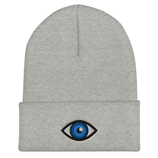 Third Eye Toque, Blue Eye on light grey beanie, third eye embroidered on front cuff, designed by Alexa Porteous, various colors available. 