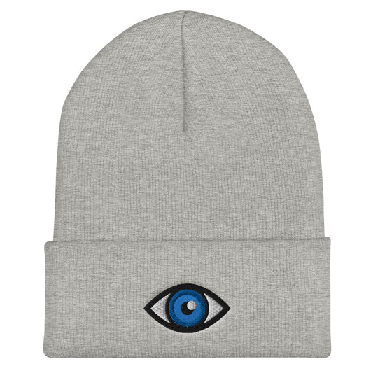 Third Eye Toque, Blue Eye on light grey beanie, third eye embroidered on front cuff, designed by Alexa Porteous, various colors available.