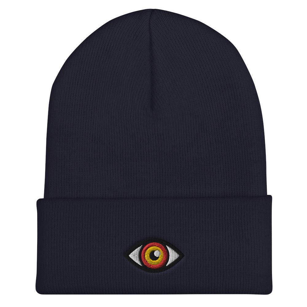 Third Eye Toque, Red Eye on navy beanie, third eye embroidered on front cuff, designed by Alexa Porteous, various colors available.