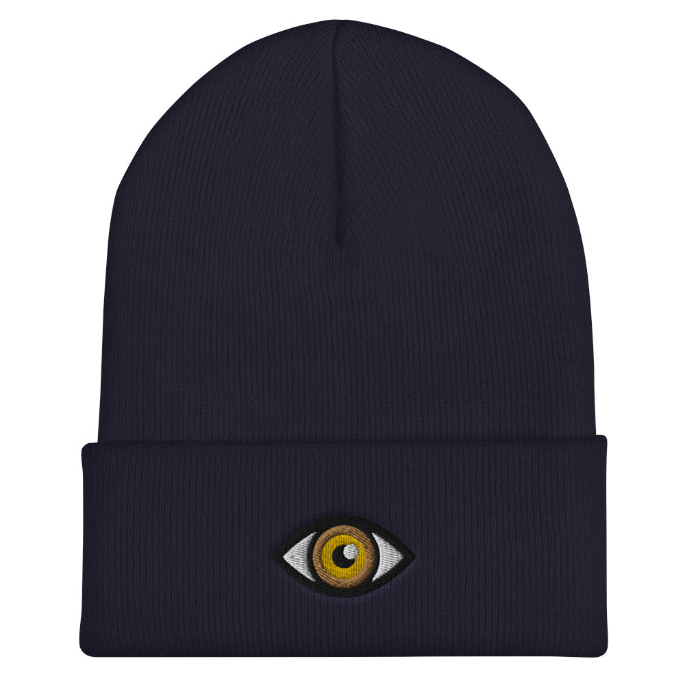 Third Eye Toque, Yellow  Eye on navy beanie, third eye embroidered on front cuff, designed by Alexa Porteous, various colors available.