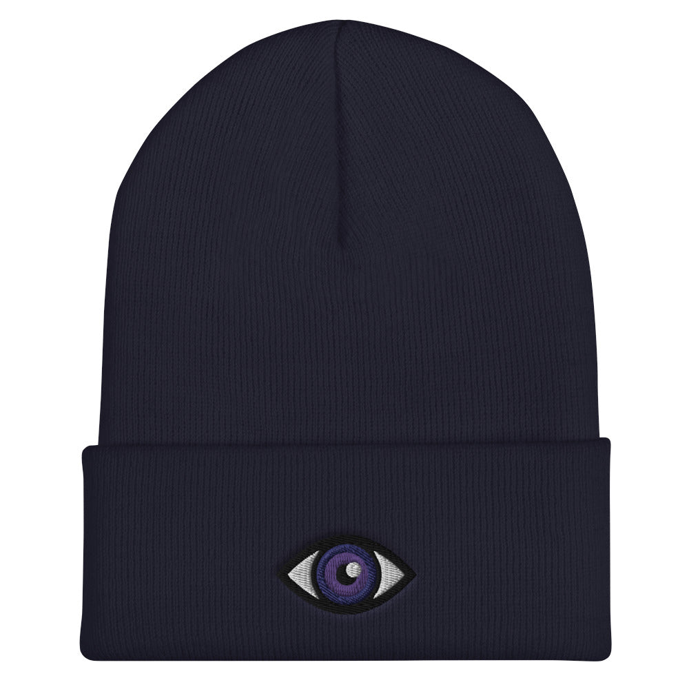 Third Eye Toque, Purple Eye on navy beanie, third eye embroidered on front cuff, designed by Alexa Porteous, various colors available.