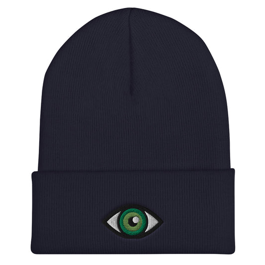 Third Eye Toque, Green Eye on navy blue beanie, third eye embroidered on front cuff, designed by Alexa Porteous, various colors available.