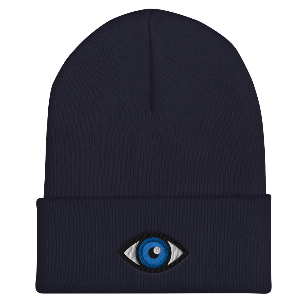 Third Eye Toque, Blue Eye on navy beanie, third eye embroidered on front cuff, designed by Alexa Porteous, various colors available. 