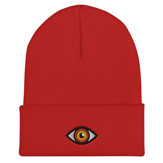 Third Eye Toque, Red Eye on red beanie, third eye embroidered on front cuff, designed by Alexa Porteous, various colors available.