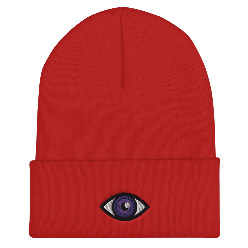 Third Eye Toque, Purple Eye on red beanie, third eye embroidered on front cuff, designed by Alexa Porteous, various colors available.