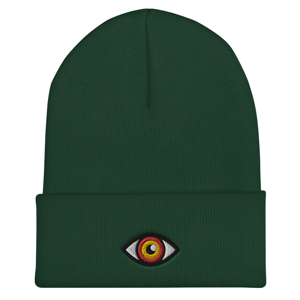 Third Eye Toque, Red Eye on green beanie, third eye embroidered on front cuff, designed by Alexa Porteous, various colors available.