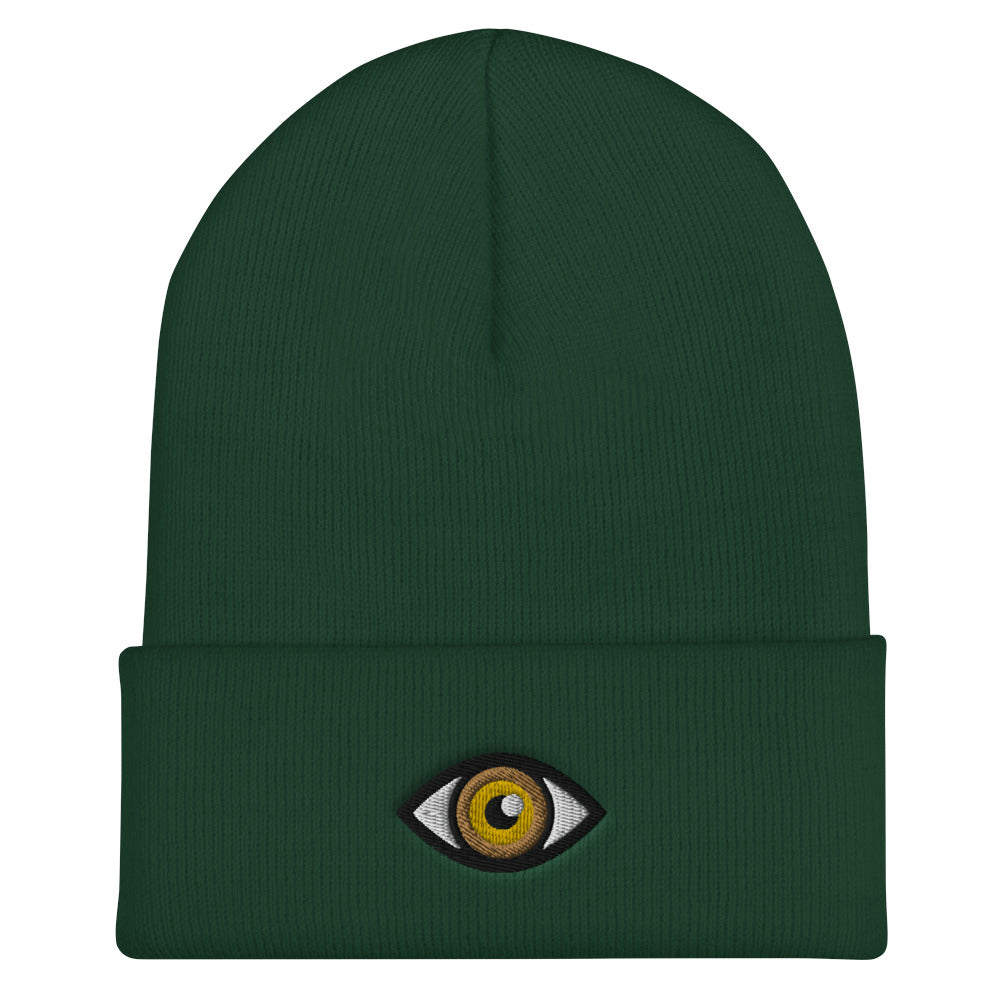 Third Eye Toque, Yellow  Eye on green beanie, third eye embroidered on front cuff, designed by Alexa Porteous, various colors available.