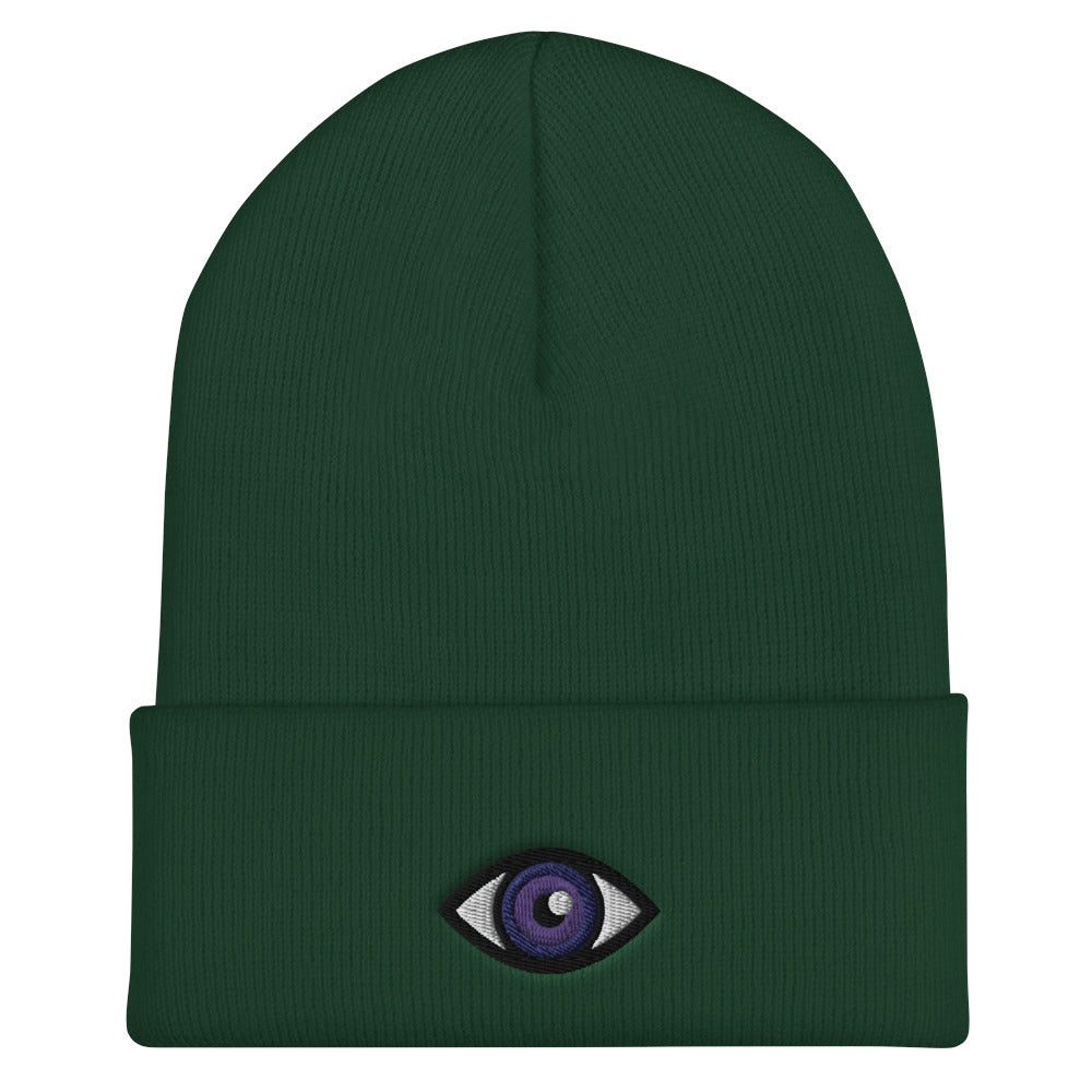 Third Eye Toque, Purple Eye on green beanie, third eye embroidered on front cuff, designed by Alexa Porteous, various colors available.