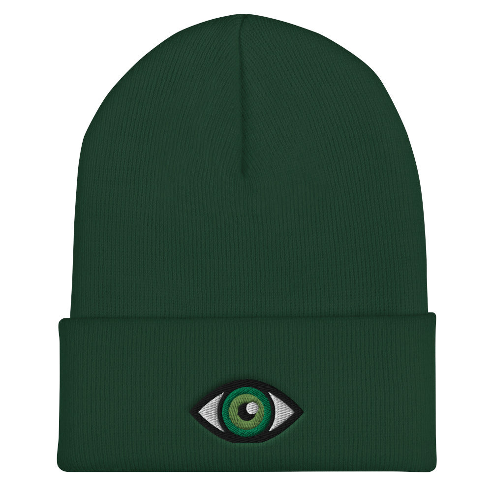 Third Eye Toque, Green Eye on green beanie, third eye embroidered on front cuff, designed by Alexa Porteous, various colors available.