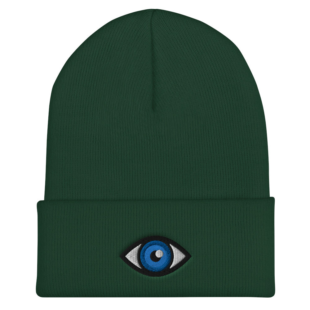 Third Eye Toque, Blue Eye on green beanie, third eye embroidered on front cuff, designed by Alexa Porteous, various colors available. 