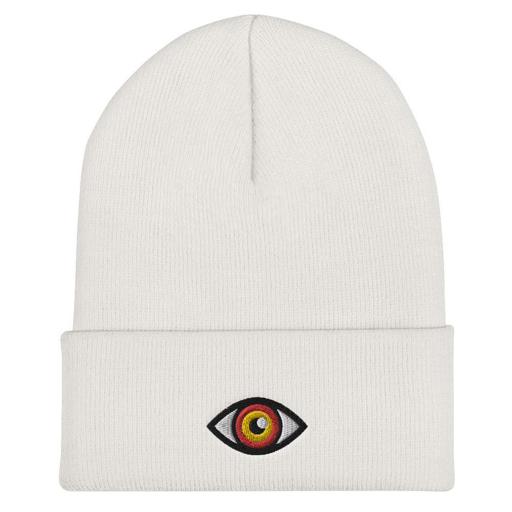 Third Eye Toque, Red Eye on white beanie, third eye embroidered on front cuff, designed by Alexa Porteous, various colors available.