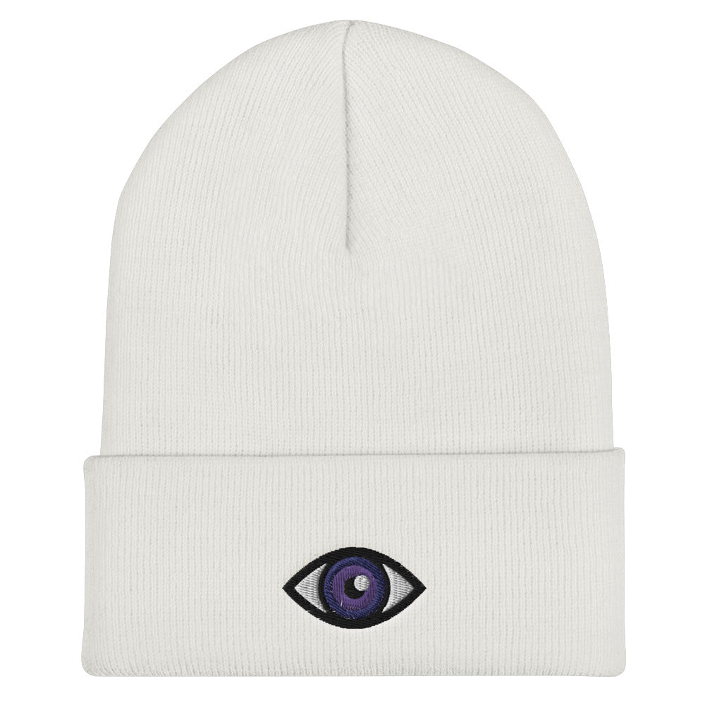 Third Eye Toque, Purple Eye on white beanie, third eye embroidered on front cuff, designed by Alexa Porteous, various colors available.