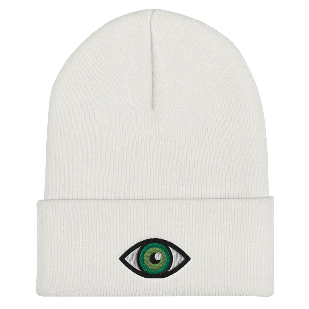 Third Eye Toque, Green Eye on white beanie, third eye embroidered on front cuff, designed by Alexa Porteous, various colors available.