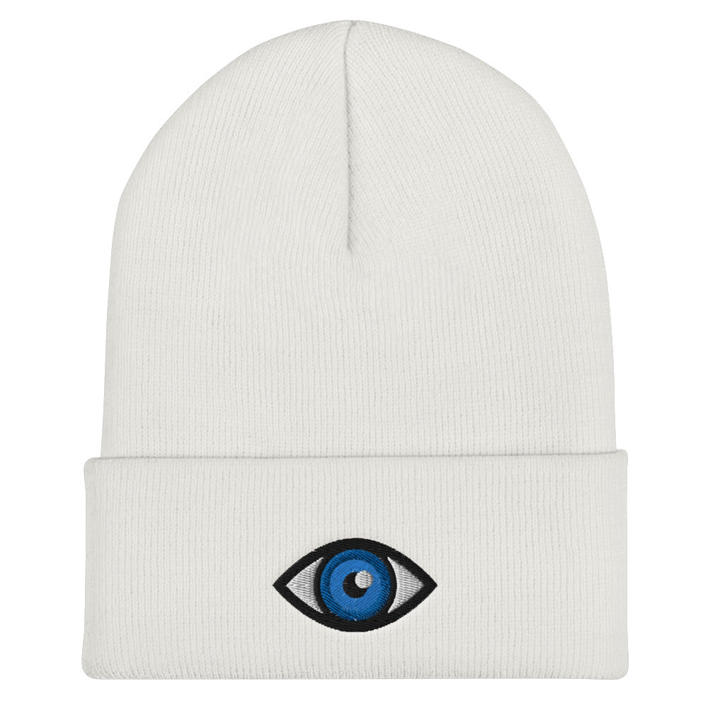 Third Eye Toque, Blue Eye on white beanie, third eye embroidered on front cuff, designed by Alexa Porteous, various colors available. 