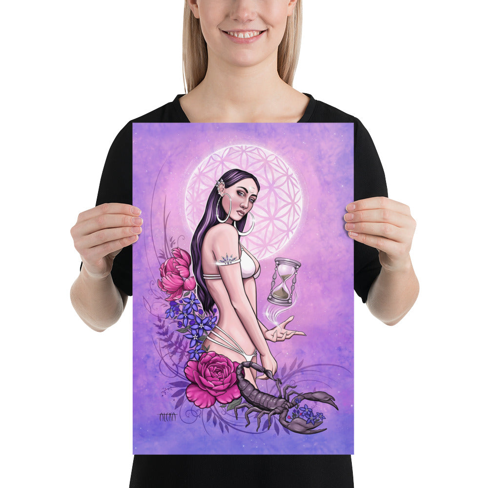 A goddess stands with a hour glass floating in her palm, a ethereal garden and a purple scorpion surround her and a flower of life full moon behind her on a pink and purple sunset, matte poster various sizes available, by Alexa Porteous.