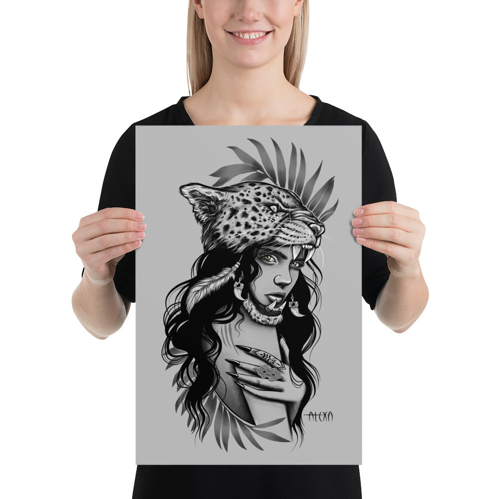 Digital illustration of a woman with a Jaguar Head dress, black and grey, tribal, fierce, matte poster, various sizes by Alexa Porteous.