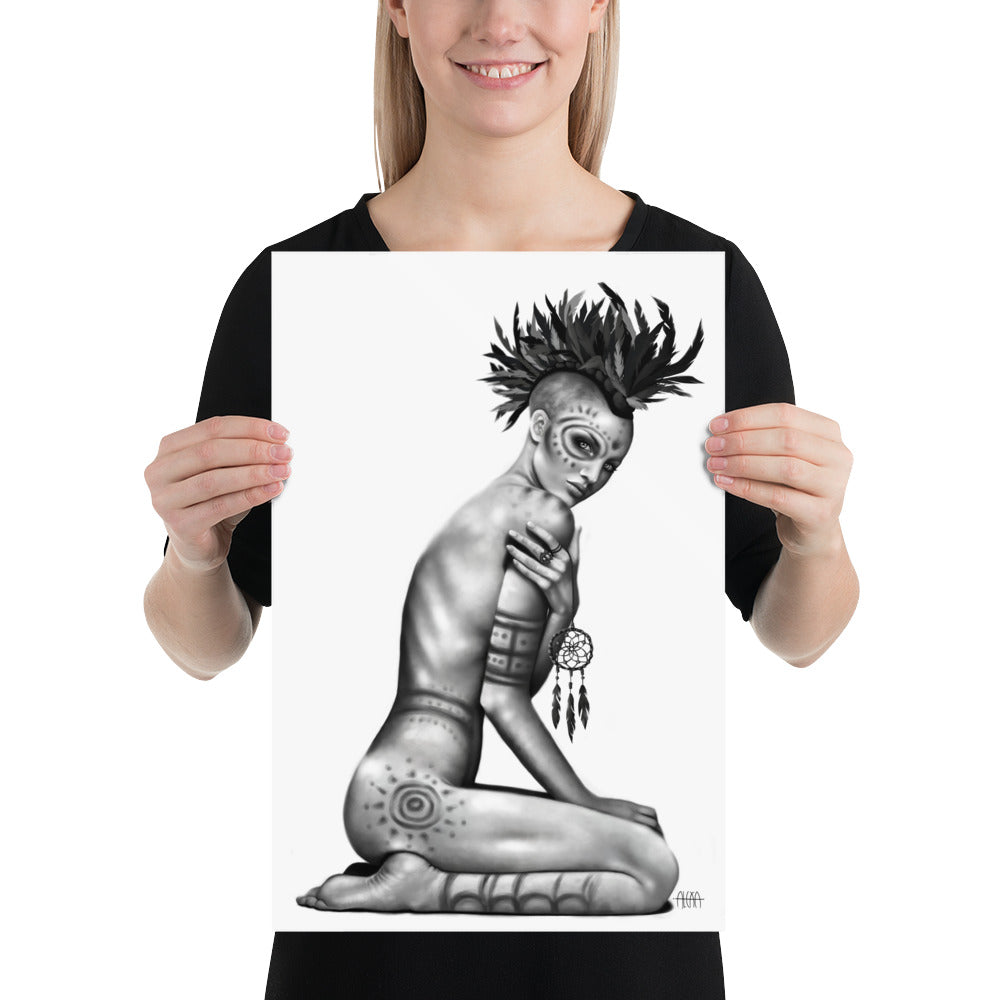 Digital Illustration of a tribal woman with body paint and a feather headdress, holding a dream catcher, matte poster various sizes available, by Alexa Porteous.