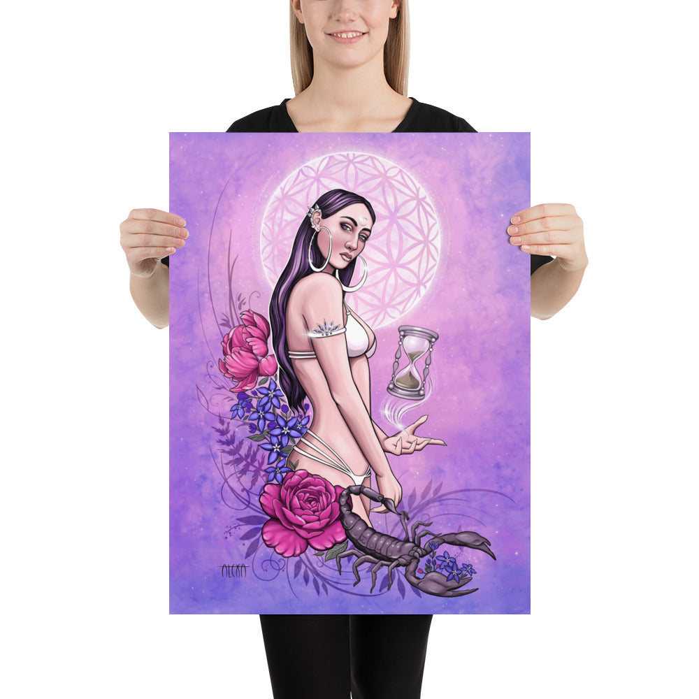 A goddess stands with a hour glass floating in her palm, a ethereal garden and a purple scorpion surround her and a flower of life full moon behind her on a pink and purple sunset, matte poster various sizes available, by Alexa Porteous.