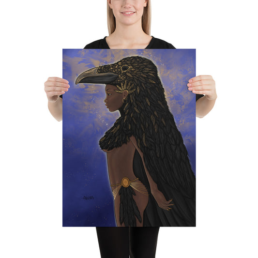 A dark skinned goddess with a huge Raven Headdress adorned in gold jewelry stands against a purple and golden sky, matte poster various sizes available, by Alexa Porteous. 