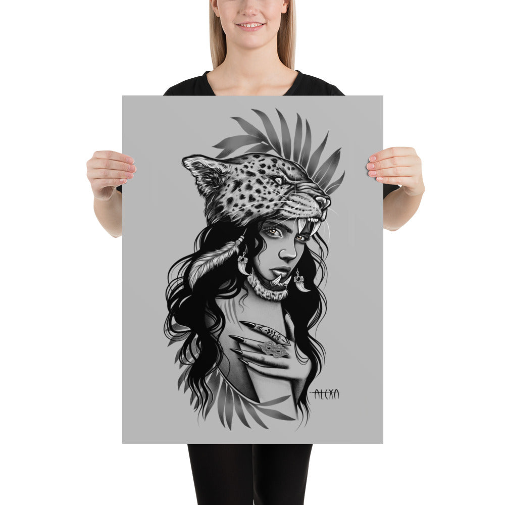 Digital illustration of a woman with a Jaguar Head dress, black and grey, tribal, fierce, matte poster, various sizes by Alexa Porteous.