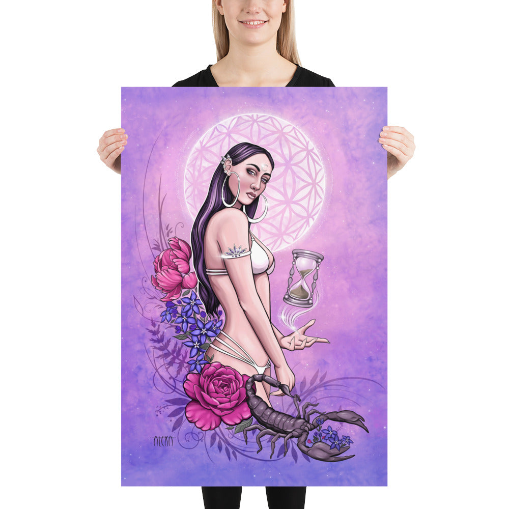 A goddess stands with a hour glass floating in her palm, a ethereal garden and a purple scorpion surround her and a flower of life full moon behind her on a pink and purple sunset, matte poster various sizes available, by Alexa Porteous.