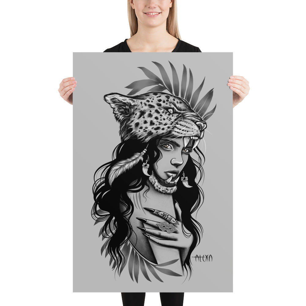 Digital illustration of a woman with a Jaguar Head dress, black and grey, tribal, fierce, matte poster, various sizes by Alexa Porteous.