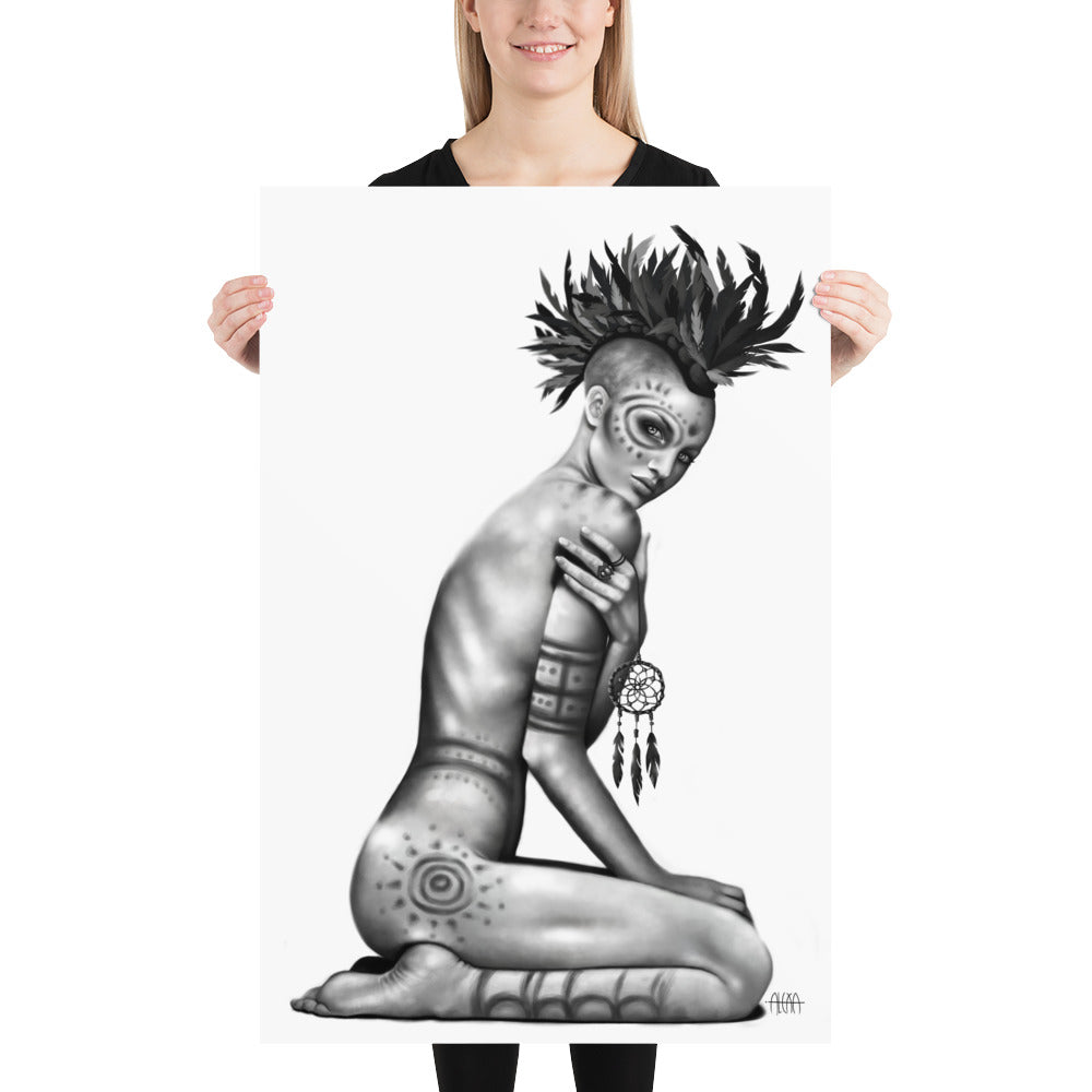 Digital Illustration of a tribal woman with body paint and a feather headdress, holding a dream catcher, matte poster various sizes available, by Alexa Porteous.