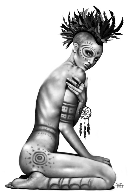 Digital Illustration of a tribal woman with body paint and a feather headdress, holding a dream catcher, matte poster various sizes available, by Alexa Porteous.